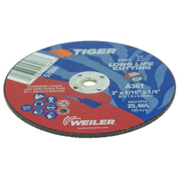 Weiler 3" x 1/16" TIGER AO Type 1 Cutting Wheel, A36T, 1/4" A.H. 57066
